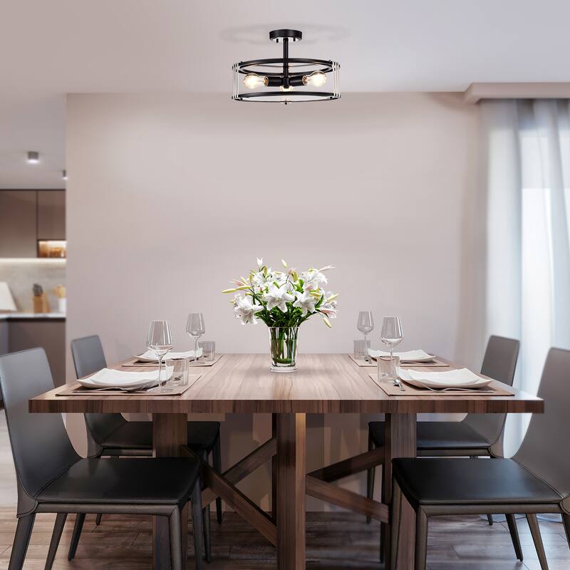 3-Light Black and Brushed Nickel Round Semi Flush Mount with Verre Strie glass - Black and brushed nickel