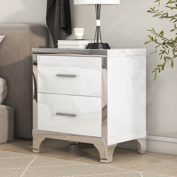 High Gloss Nightstand with Metal Handle Mirrored Bedside Table