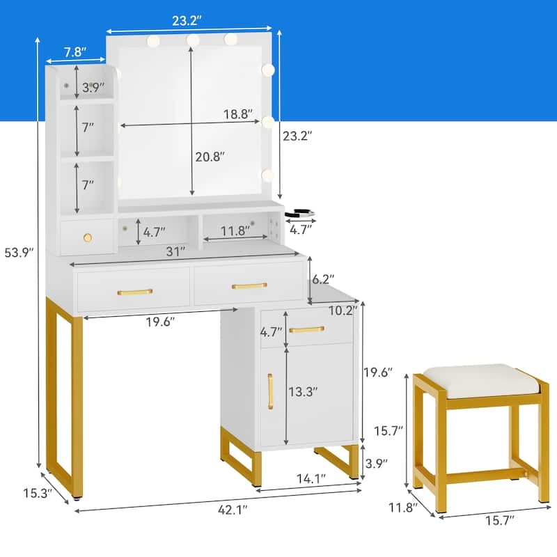 Makeup Table 9 LED Lights with 4 Drawers Vanity Set Dressing Desk Stool Mirror - 37.4"L X 15.3"W X 53.9"H