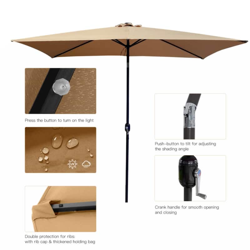 Outdoor Patio Umbrella 10 Ftx6.5 Ft Rectangular with Crank Weather Resistant UV Protection Water Repellent Durable 6 Sturdy Ribs