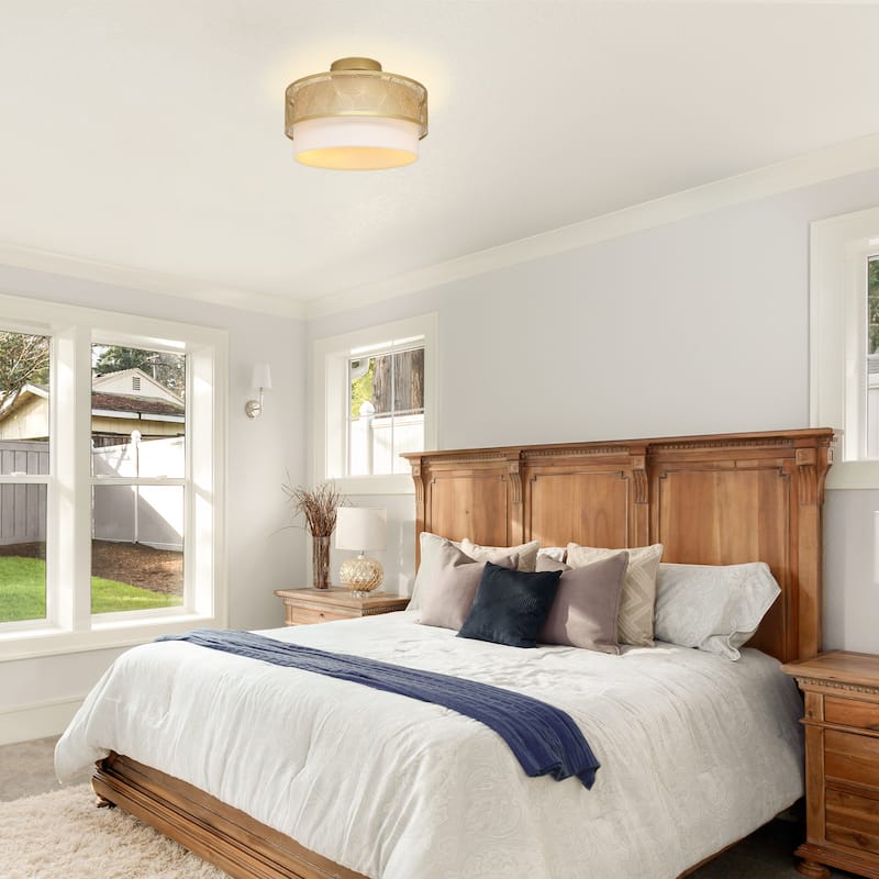 Celia River of Goods Gold Metal and White Fabric Drum 13.125-Inch Ceiling Light - 13.125" x 13.125" x 8.75"