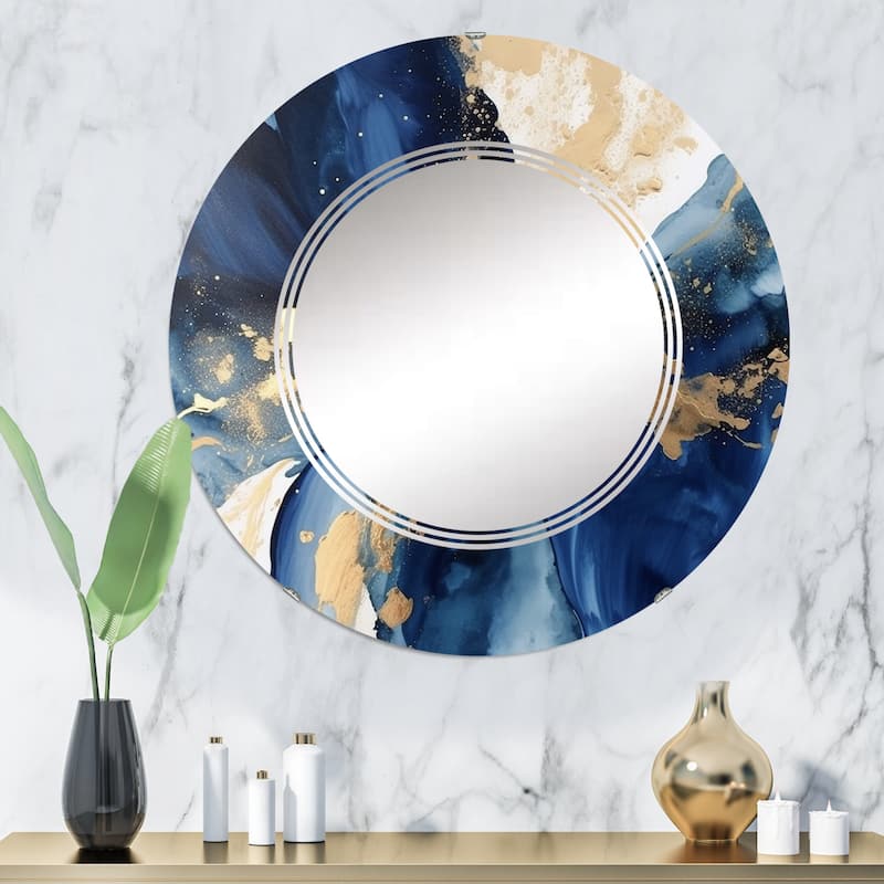 Designart "Dark Blue and Gold Strokes VIII" Fractals Modern Wall Mirror - 32in.x32in.