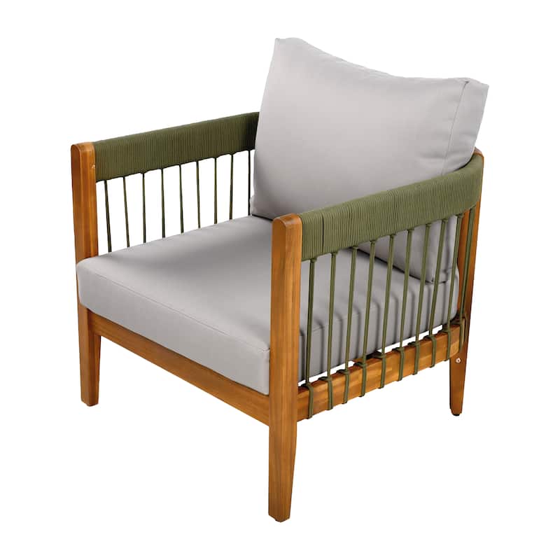[Set of 2] Acacia Wood Outdoor Club Chair with Handwoven Rope Accents & Curved Backrest - Water-Resistant,Removable Cushions