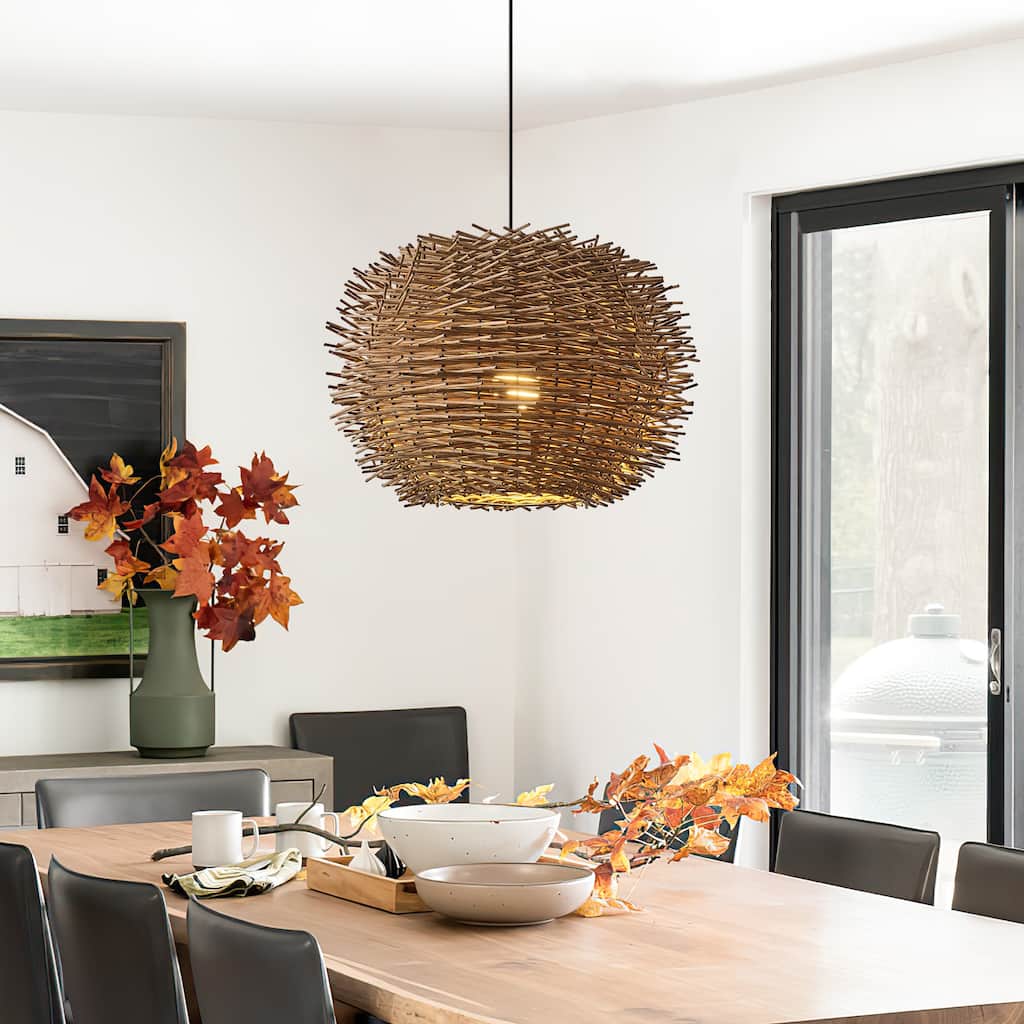 20-inch 1-Light Modern Natural Brown Hand-Woven Rattan Hanging Dining Room Chandelier - 18.89" W x 12.99" H