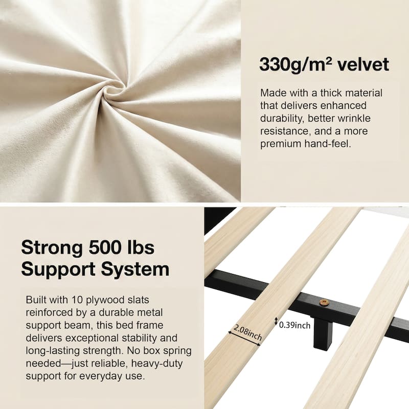 Full Size Upholstered Grounded Bed, Mother & Child Bed with Bedside Desk and Little Round Stool, Velvet