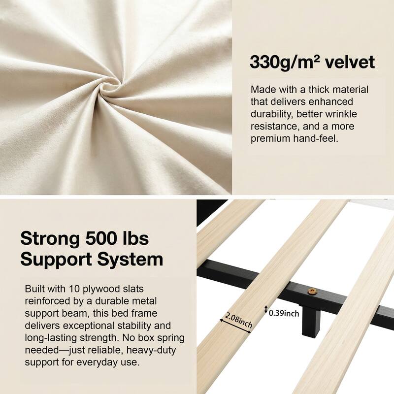 Roomfitters Full/Queen Size Upholstered Grounded Platform Bed with Bedside Desk and Round Stool, Velvet Fabric Bed Frame