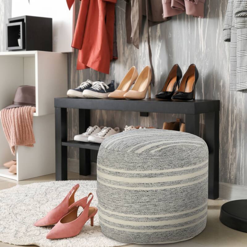 18" Gray and White Triple Striped Round Outdoor Patio Pouf Ottoman