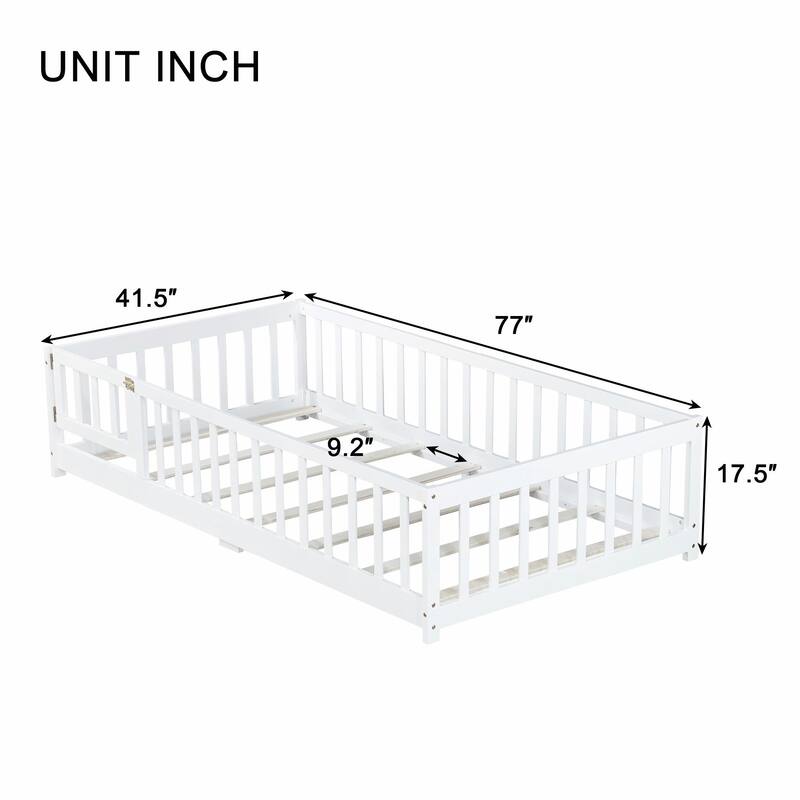 Floor Bed with Fence and Door, Rubber Wood Floor Bed with Safety Guardrails