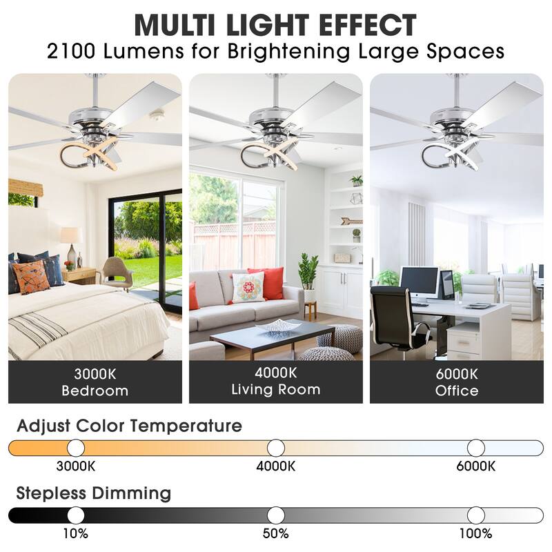 52" Chrome Modern Plywood 5-Blade Ceiling Fan with LED Light and Remote - 52 in. D x 52 in. W x 15.25 in. H