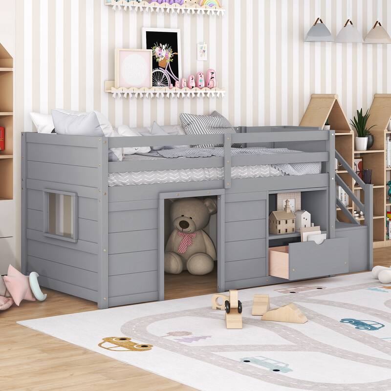 Grey Solid Wood Twin Low Loft Bed with Stair, Drawer, and Shelf