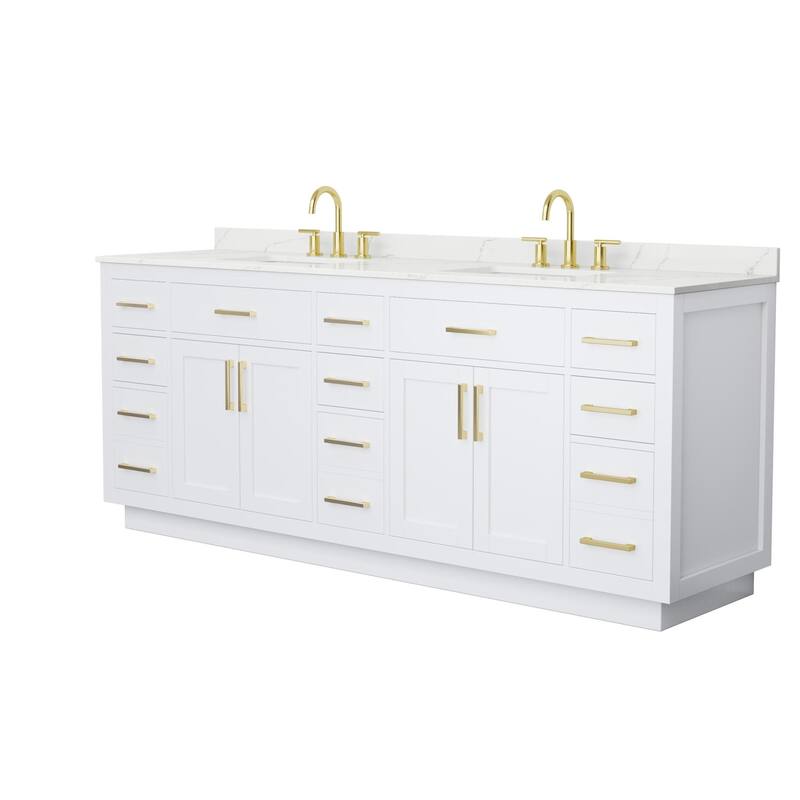 Wyndham Collection WCG262684D-QTZ-US3MXX Beckett TK 84" Free Standing - White / Giotto Quartz Top / Brushed Gold Hardware