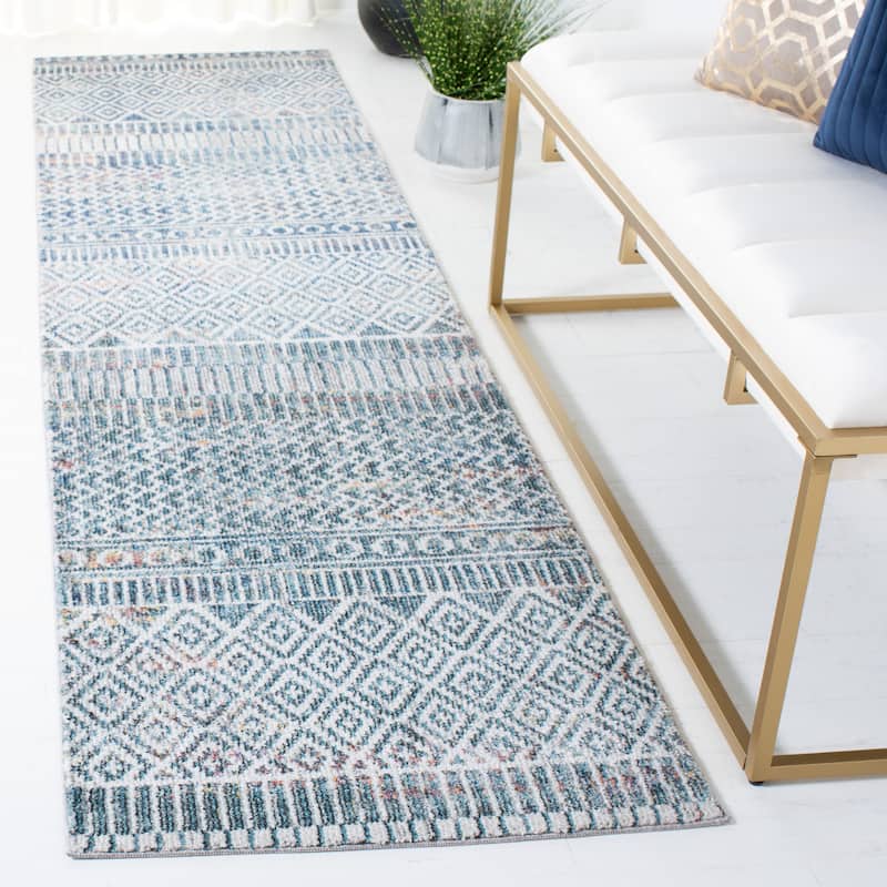 SAFAVIEH Crystal Vitaliana Moroccan Boho Distressed Rug - 2'4" x 9' Runner - Ivory/Blue