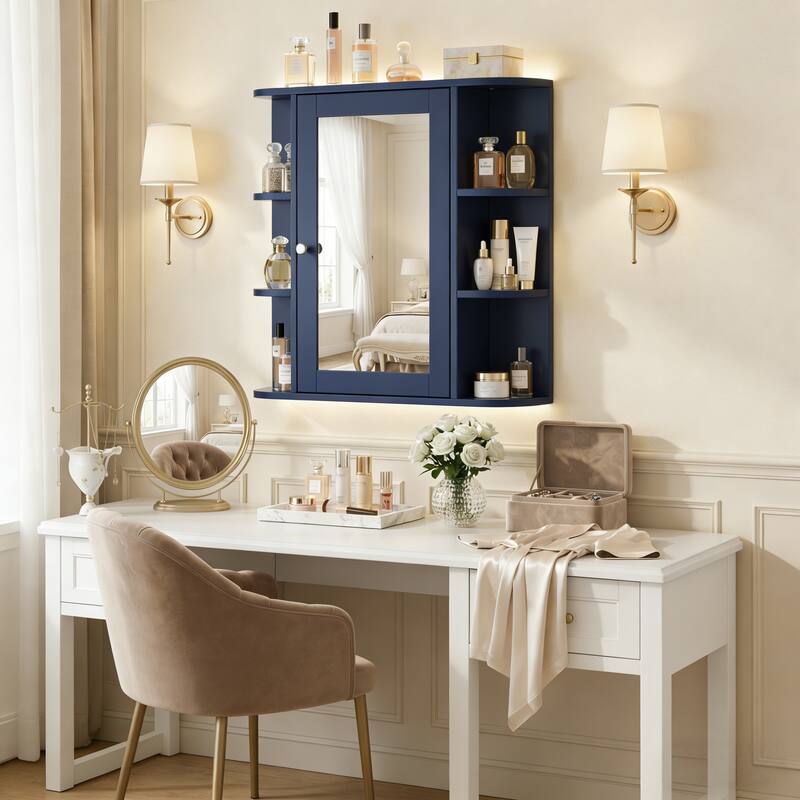 Bathroom Wall Storage Cabinet with Mirror, with Adjustable Wood Shelf & Doors, Mounted Storage Cabinets with 6 Open Shelves