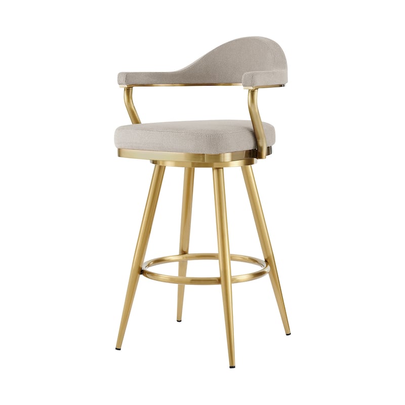 HomeRoots 30" Taupe and Gold Fabric and Stainless Steel Bar Height Swivel Bar Chair
