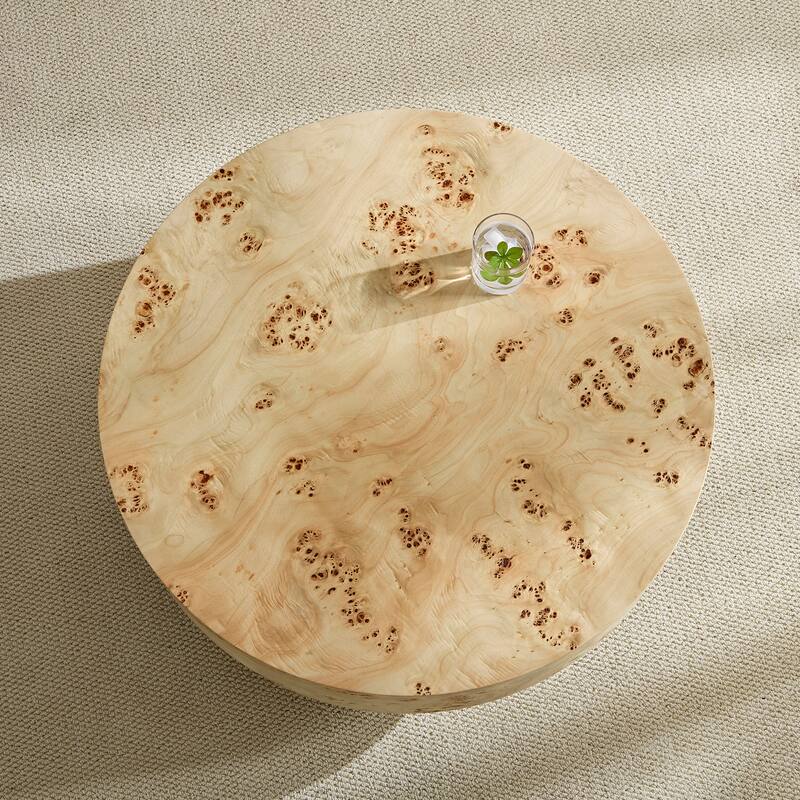 31.49" Mid-Century Modern Round Wood Coffee Table, with Burl Wood Veneer and Sturdy Pedestal, for Living Room