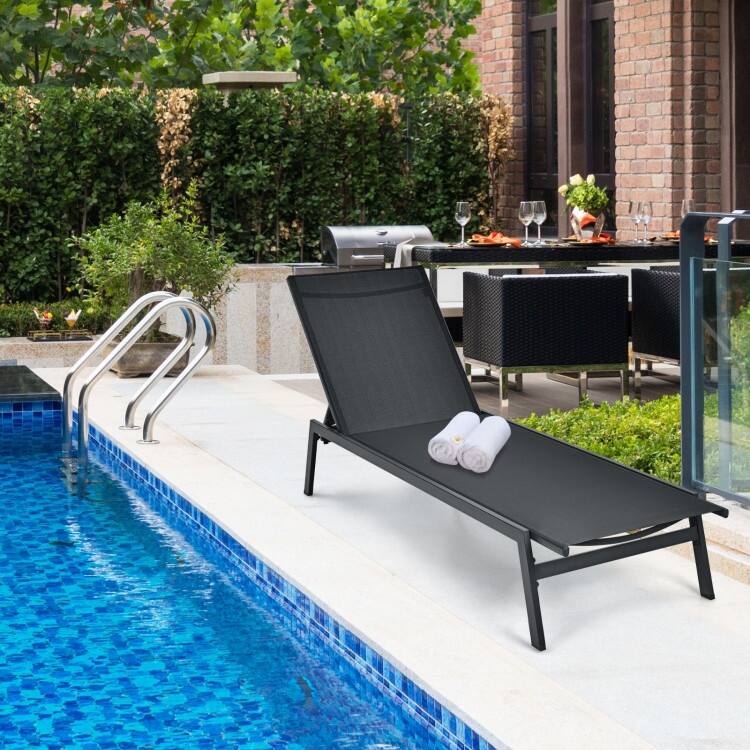 Outdoor Reclining Chaise Lounge Chair with 6-Position Adjustable Back - 64"- 79" x 25" x 38" - 12" (L x W x H)