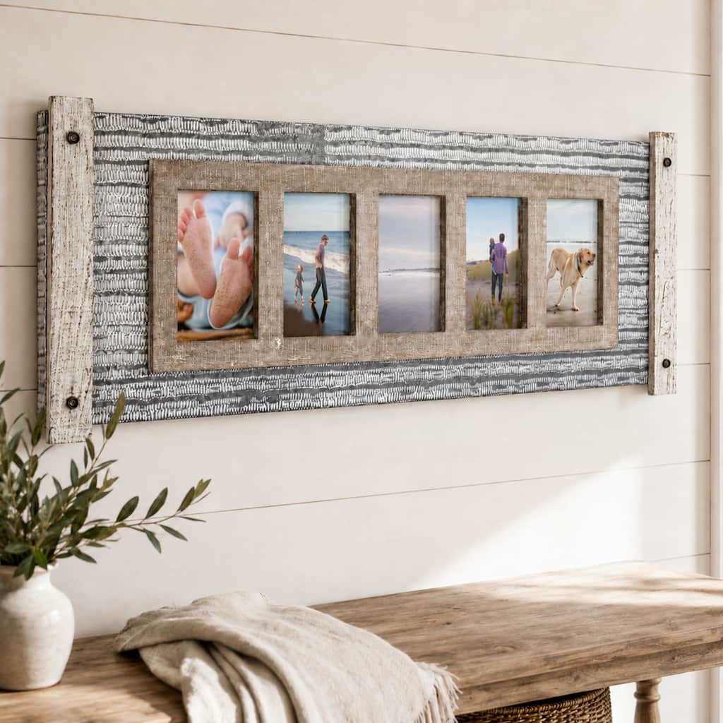American Art Decor Rustic Wood and Metal Hanging 5 Picture Photo Frame