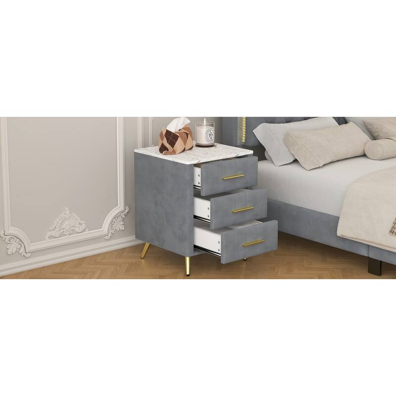Upholstered Wooden Nightstand with 3 Drawers and Metal Legs&Handles, Bedside Table with Marbling Stickers Worktop