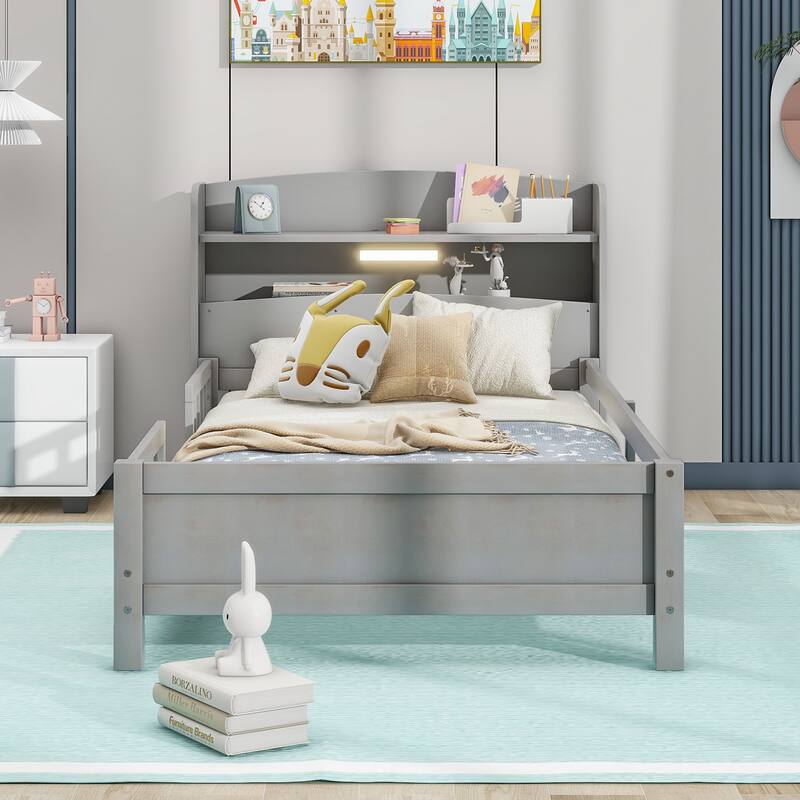 Platform Bed with Built-in LED Light - Grey - Twin