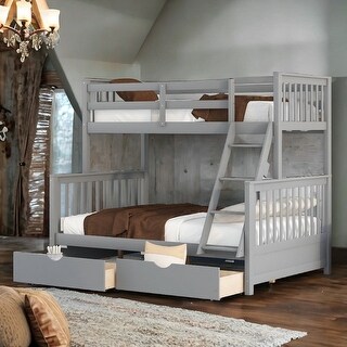 Artsy Twin-Over-Full Bunk Bed with Ladders and Two Storage Drawers, Maximized space, Solid Construction, Grey