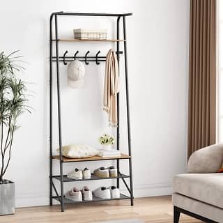 Coat Rack Shoe Bench with 10 Hooks, Hall Trees Entryway Bench with Storage, Multifunctional Hallway Organizer