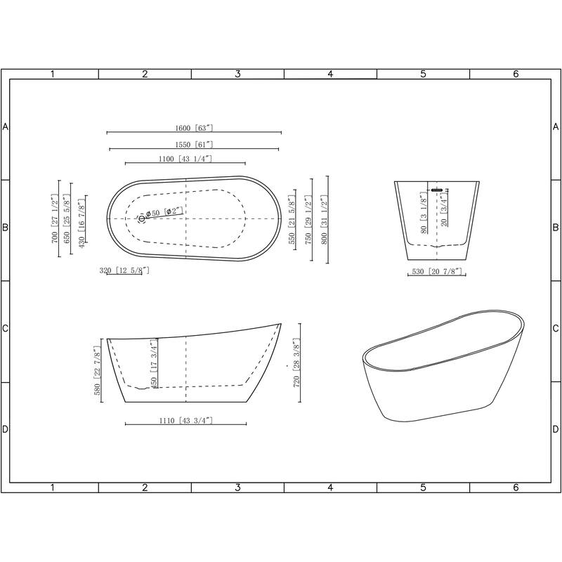KBV 63'' x 31" Freestanding Soaking Acrylic Bathtub GTBT0021 - 63"