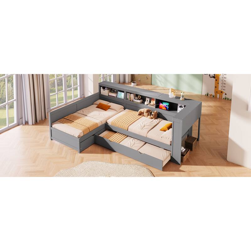 Roomfitters Twin L-Shaped Platform Bed with Trundle, Drawer and Charging Station