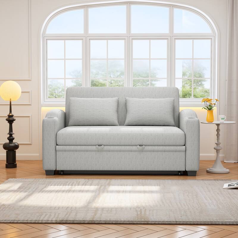 61.6" Pull Out Sofa Bed with Adjustable Backrest, 2 Pillows, Cup Holders & USB Ports, White Gray, Chenille - Multi-Color