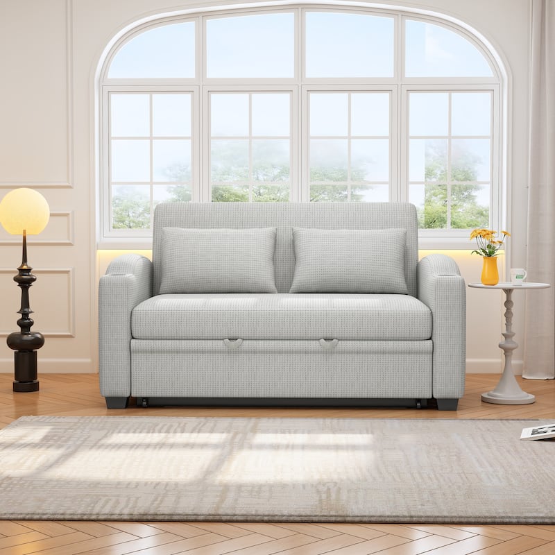 Chenille Loveseat Convertible Pull-out Sleeper Sofa Bed Adjustable Backrest Tufted Couch with 2 Pillows & USB Ports - White+gray