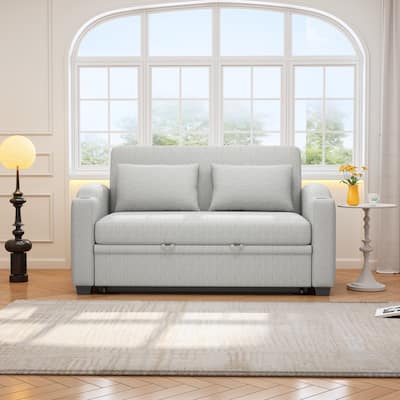 Chenille Loveseat Convertible Pull-out Sleeper Sofa Bed Adjustable Backrest Tufted Couch with 2 Pillows & USB Ports