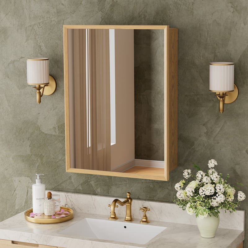 Reno Wood Medicine Cabinet with Mirror, Adjustable Shelves, Oak, Recessed/Wall Mount - 24 in. W x 30 in. H