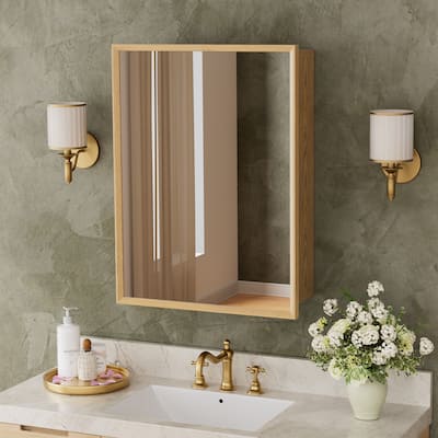Reno Wood Medicine Cabinet with Mirror, Adjustable Shelves, Oak, Recessed/Wall Mount