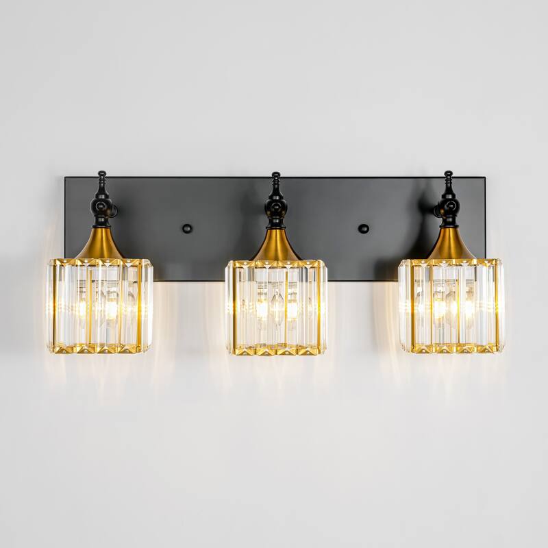 3/4-Light Modern Glam Dimmable Black Gold Crystal Bathroom Vanity Light