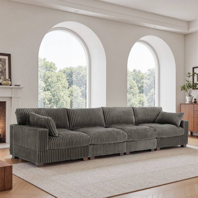 Plush Corduroy Upholstered Modular Sectional Sofa with Pillows - Symmetrical - Light Grey-4 Pieces