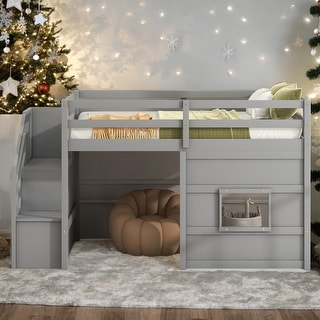 Modern Playful Design Twin Size Loft Bed With Storage Staircase And Window for Bedroom