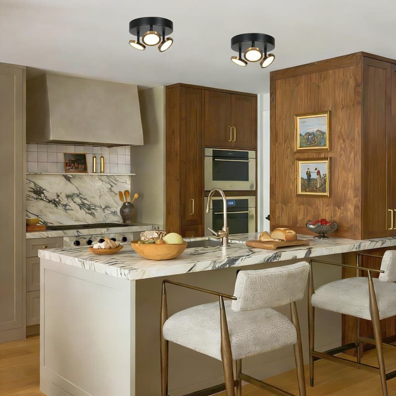 Modern Black Brass 3-Light Integrated LED Semi Flush Mount Ceiling Light with Adjustable Disc Heads - D 9" x H 5.5"