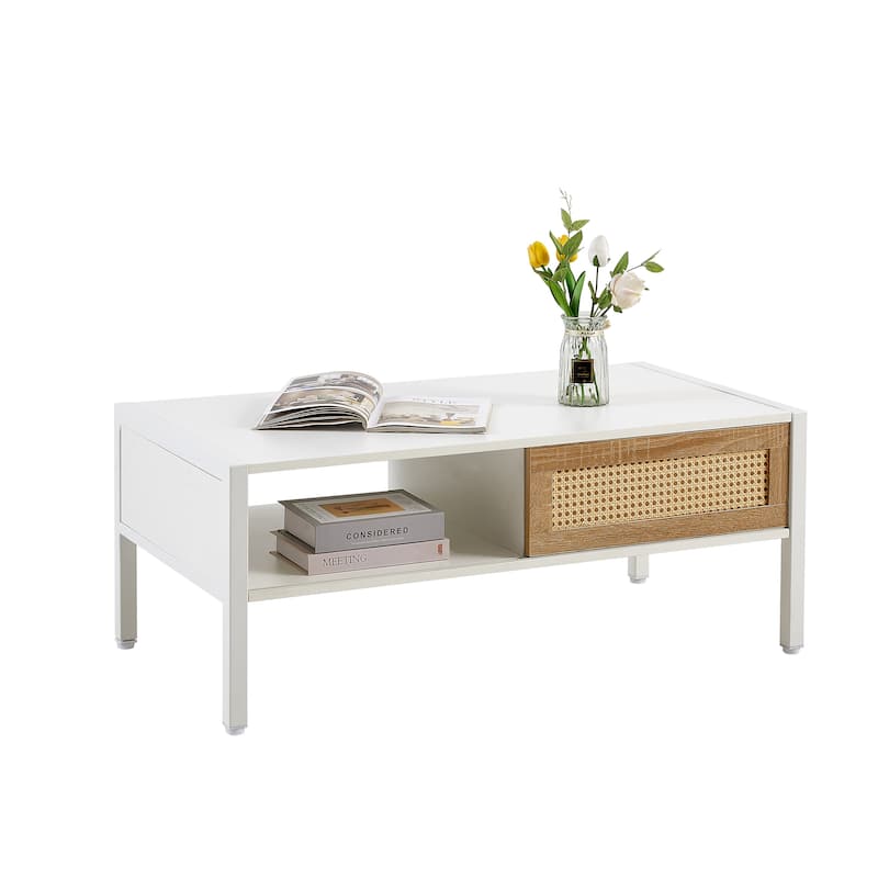 40.16"Rattan Coffee table,sliding door for storage,metal legs,Modern table for living room