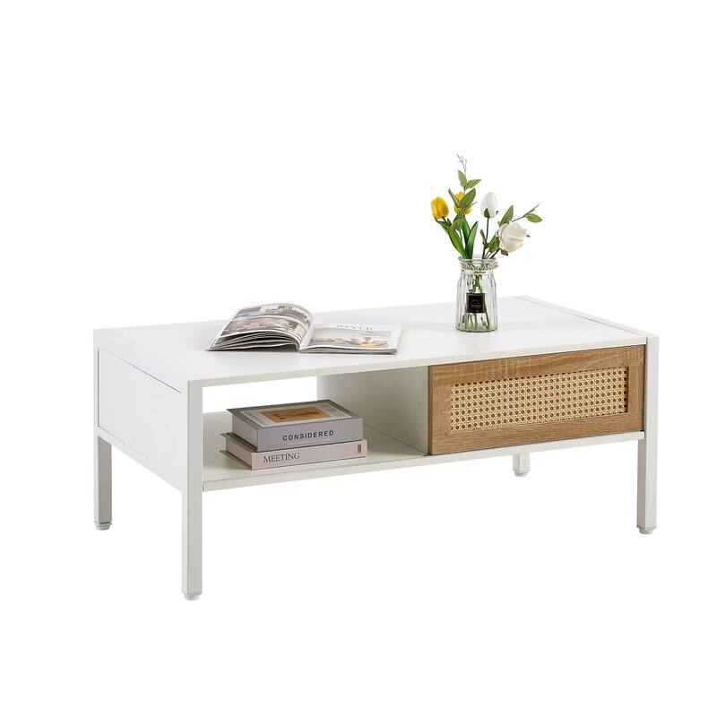Anmytek Rattan Coffee Table,Sliding Door for Storage, Metal Legs White Modern Living Room Storage Centerpiece Organizer
