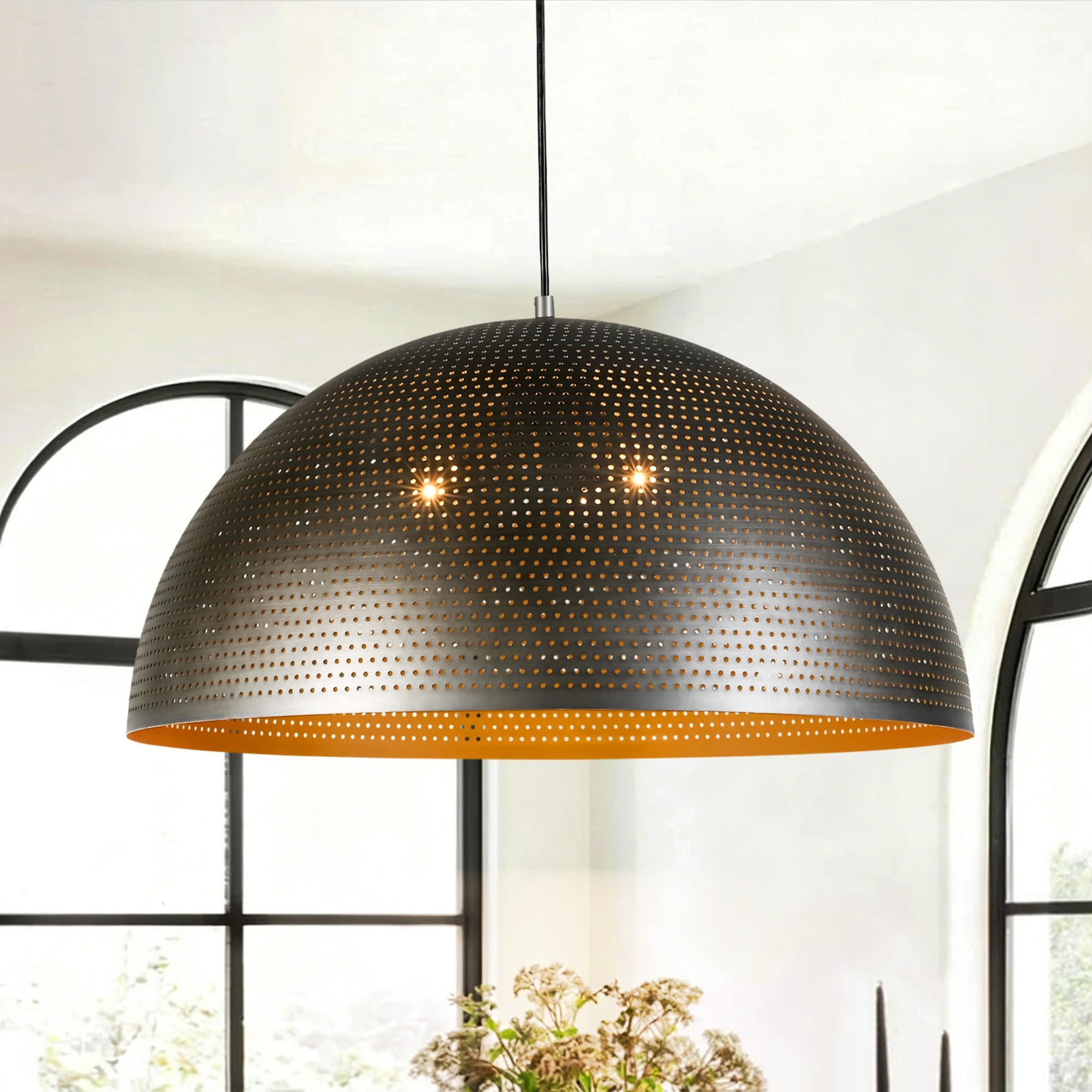 23.6" Vintage Industrial Dome Semi-Circular Distressed Gold/Black Finish 3-Light Pendant Light for Kitchen Island & Dining Room