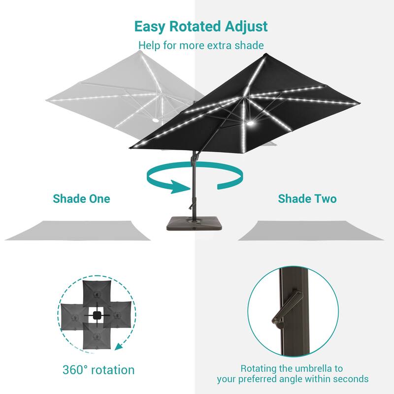 BONOSUKI 10x10FT LED Cantilever Patio Umbrella Angle Adjustment w/Base