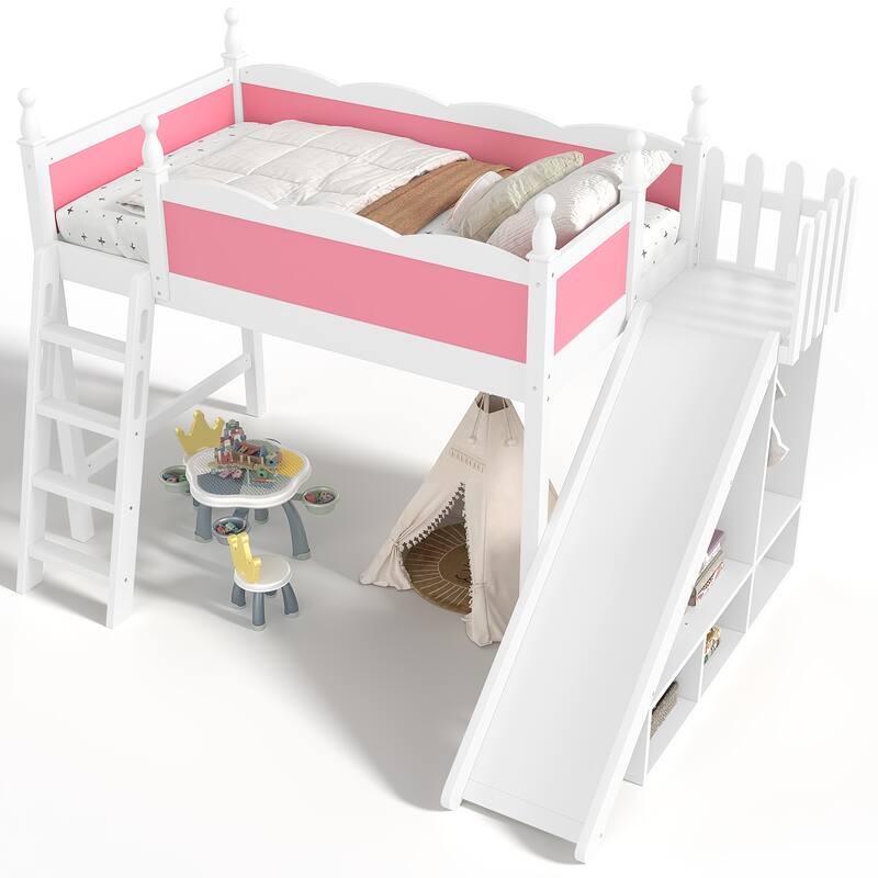 Twin Loft Bed with Storage Shelves and Wardrobe, Solid Wood Loft Beds with Detachable Slide and Ladders, No Spring Box Needed
