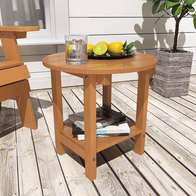 WINSOON All Weather HIPS Outdoor Round 2-Tier Outdoor Side Tables Adirondack Tables - Teak