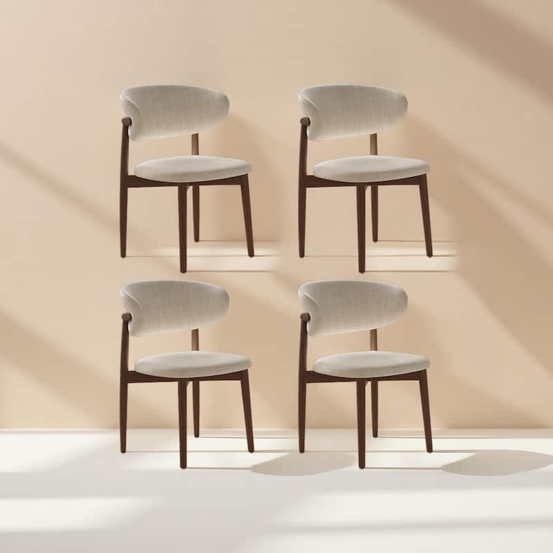 Mid-Century Dining Chair, Solid Wood Legs, Kitchen Chairs with Beige Cotton & Linen Fabric, Fully Assembled - Set of 4