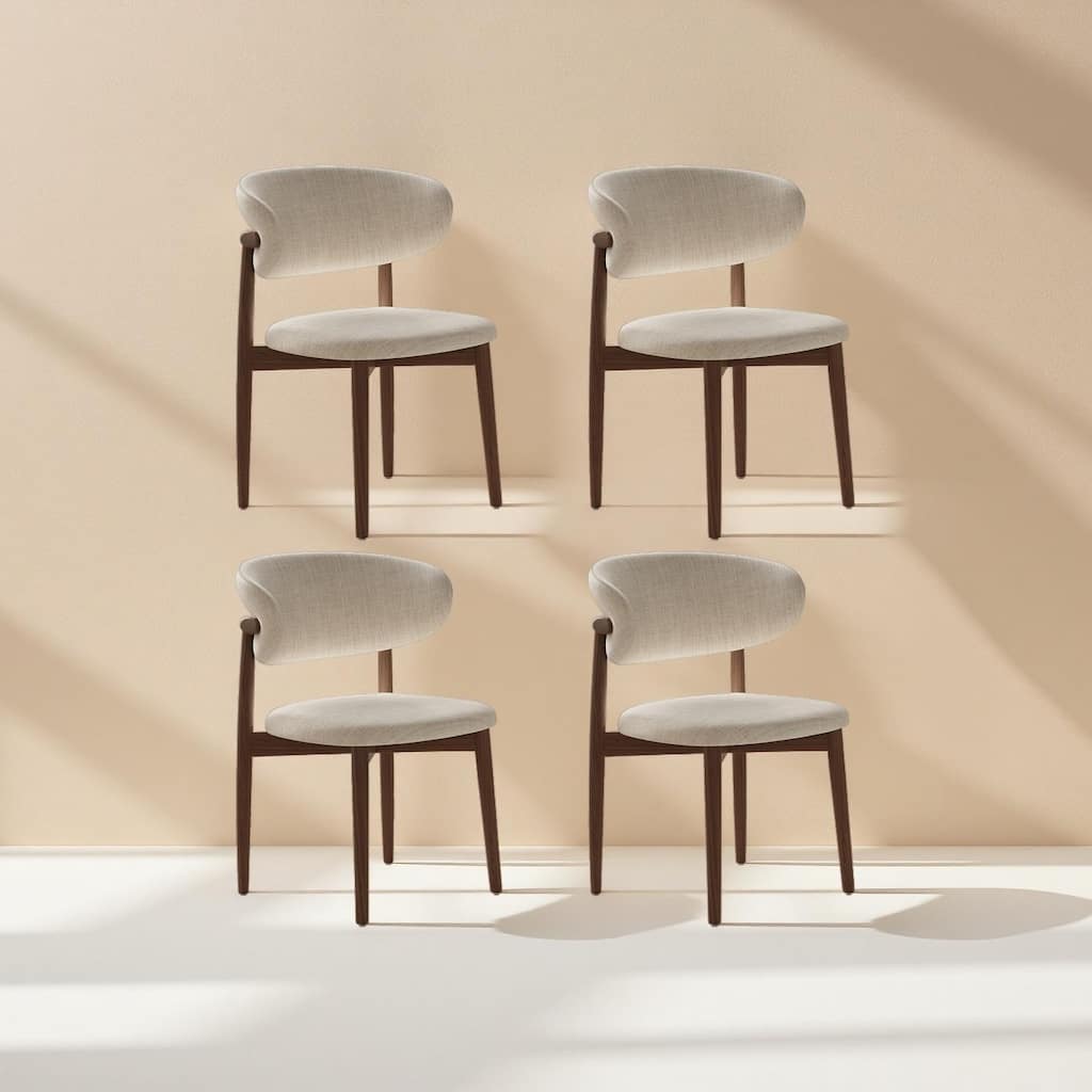 Mid-Century Dining Chair, Solid Wood Legs, Kitchen Chairs with Beige Cotton & Linen Fabric, Fully Assembled