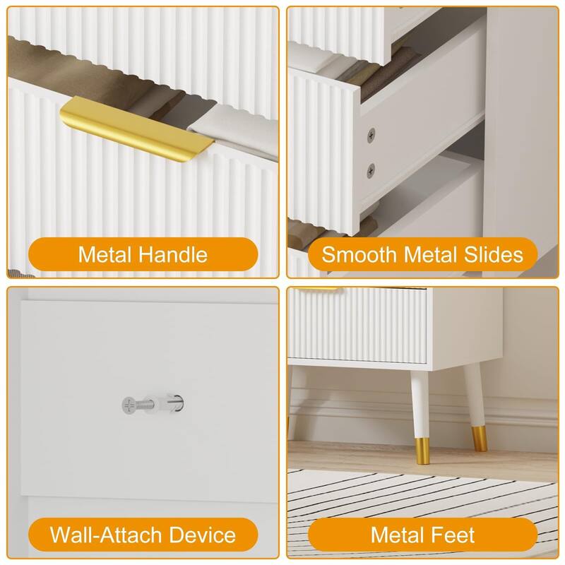 Fluted 5 Drawer Dresser, with Gold Metal Handles