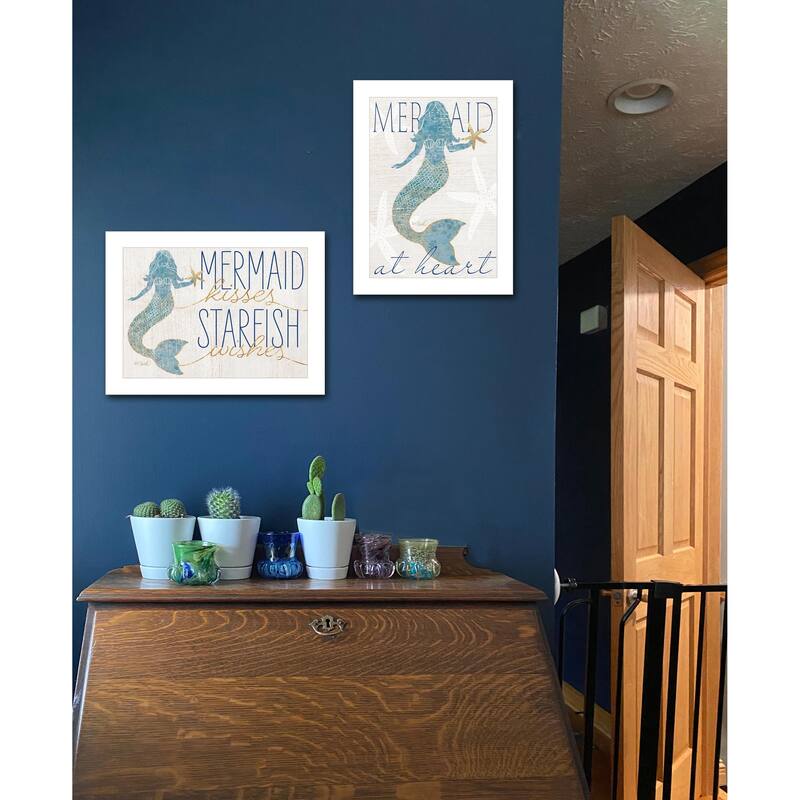 2-Piece Framed Wall Art Set - Two Mermaids, White Frame