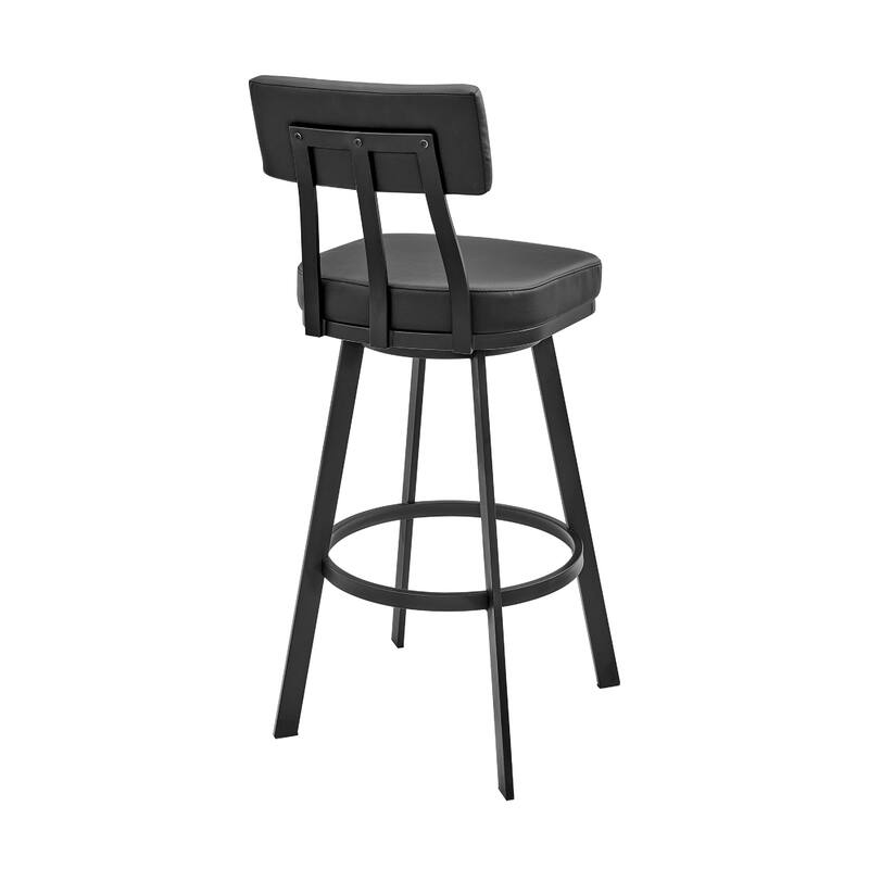Poni Swivel Barstool Chair, Black Faux Leather, Iron Base
