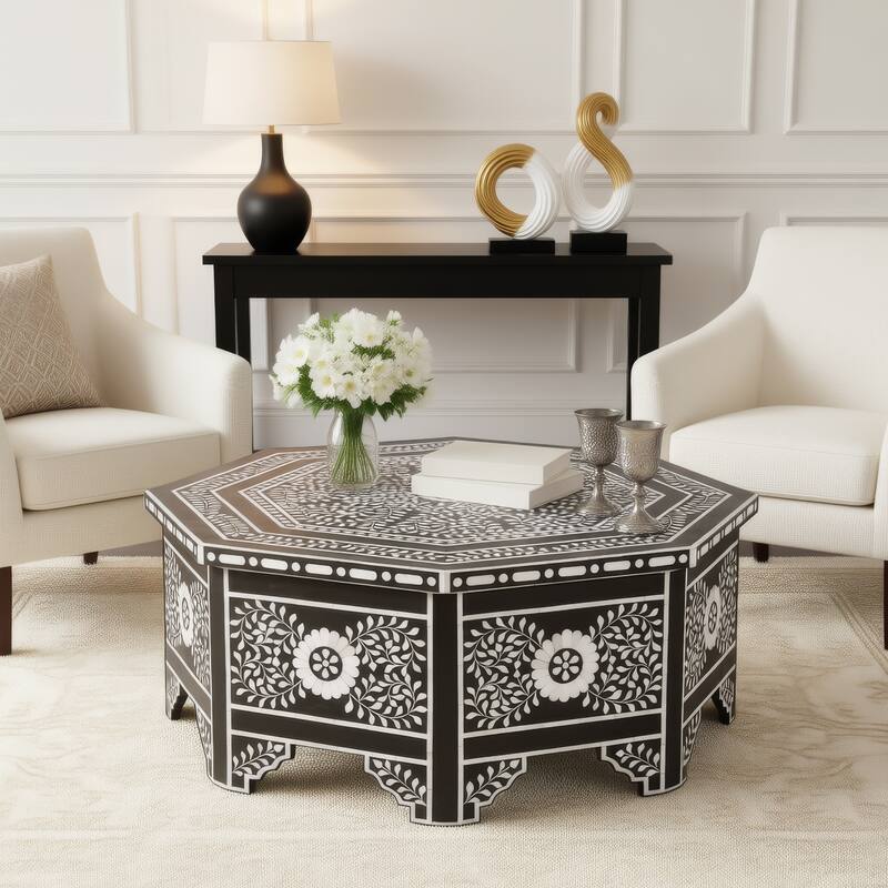 Blackwell 40.25 in. W Octagonal Bone In-Lay 1 Drawer Coffee Table - Black Bone