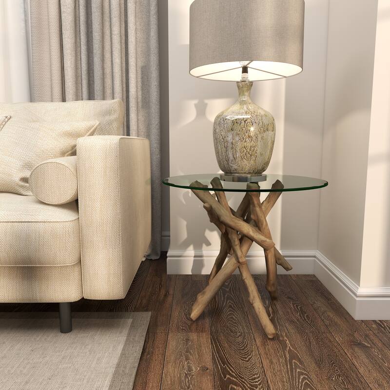 Wood Handmade Tree Branch Side End Accent Table with Clear Glass Top - Brown - Roche River Decor
