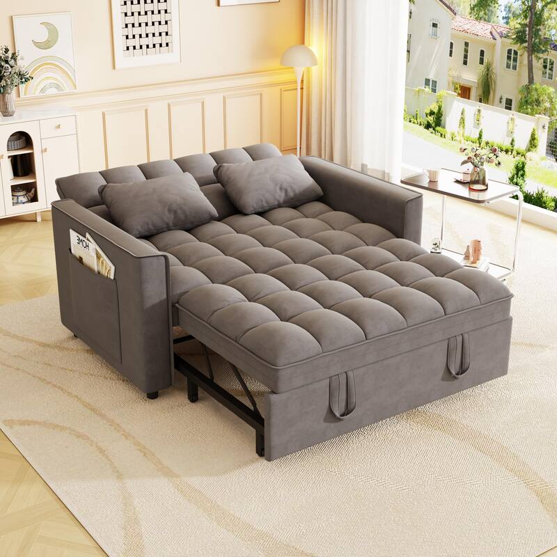 Anmytek Modern Velvet Small Loveseat Pull Out Sleeper Sofa Bed with Pillows and Side Pockets